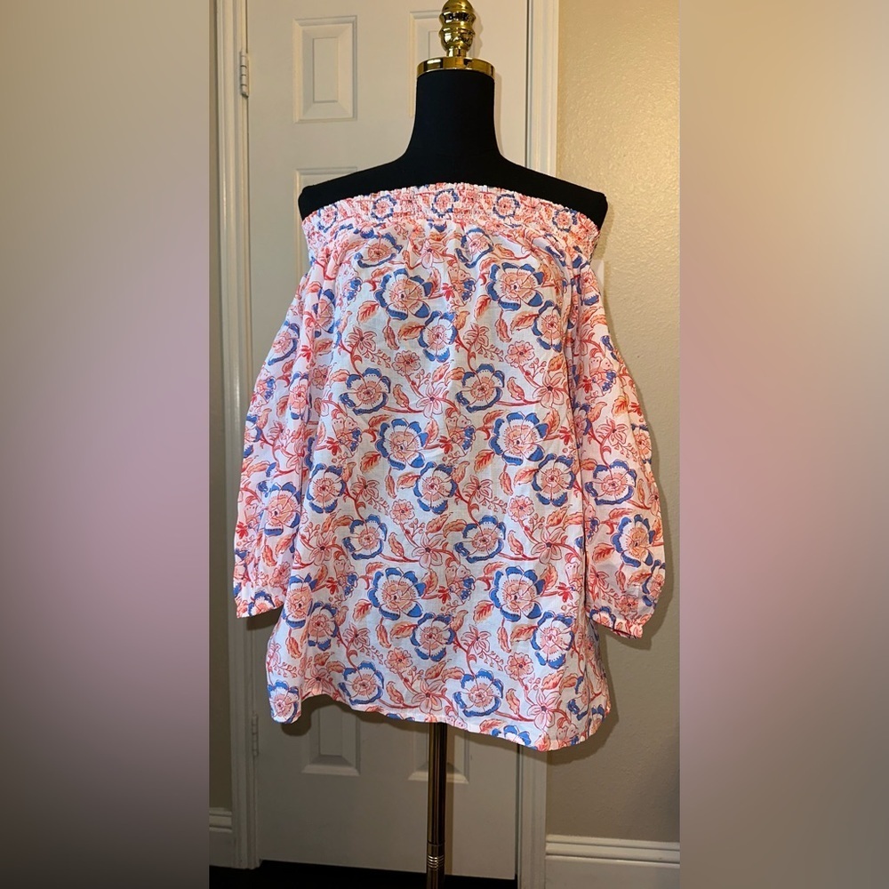NWT Vineyard Vines Women Frangipani Off Shoulder Smocked Top Papaya Punch Size M